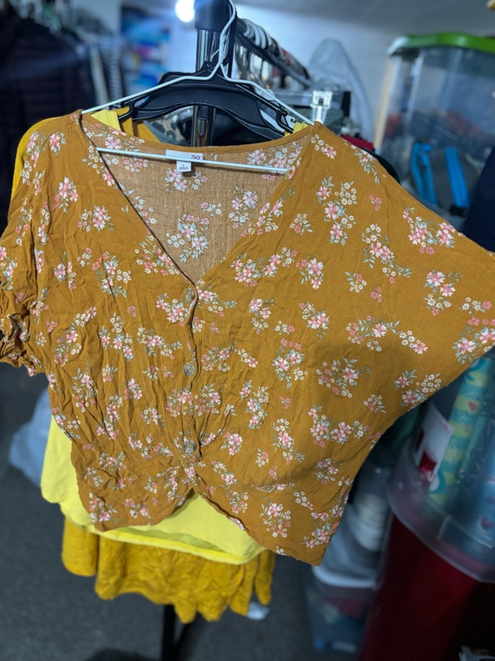 SO Mustard Floral Button-Front Women's Blouse
